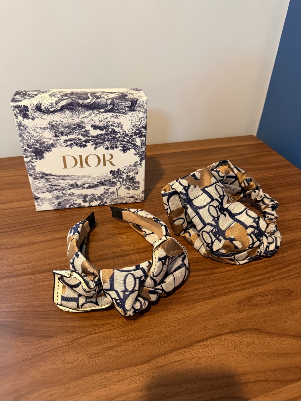 Dior GWP Two-Piece Logo Print Headband Set in Blue and Tan